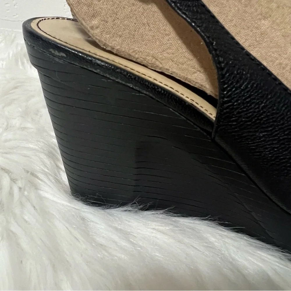 Marc Fisher Black Leather Peep-Toe Slingback Rockabilly Platform Wedges 6.5
